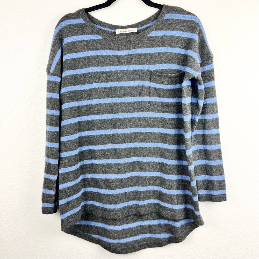 CAROLINE GRACE 100% Cashmere Sweater, Blue and Gray Striped with Pocket, Size S